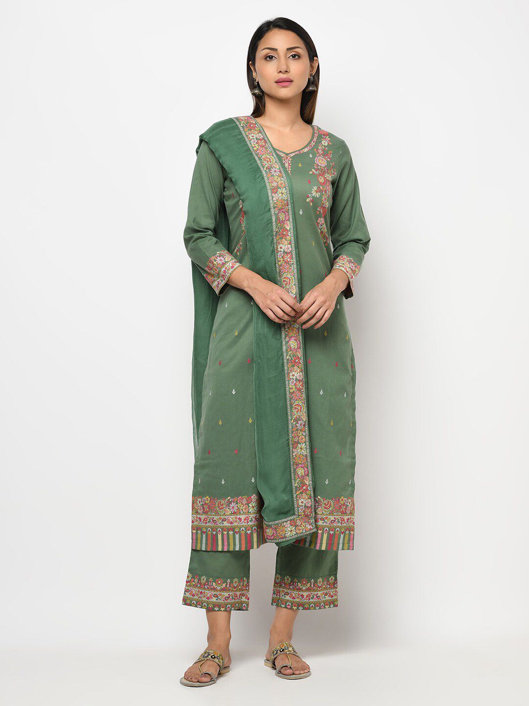 Safaa Green & Red Unstitched Dress Material Price in India