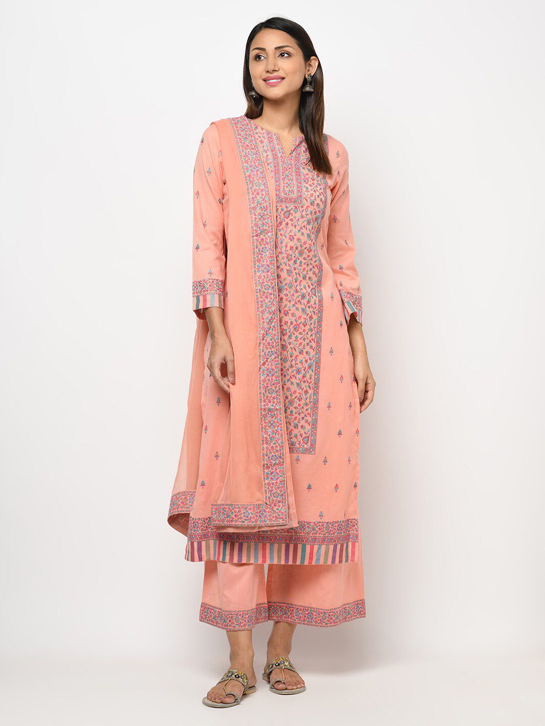 Safaa Peach-Coloured & Blue Printed Unstitched Dress Material Price in India