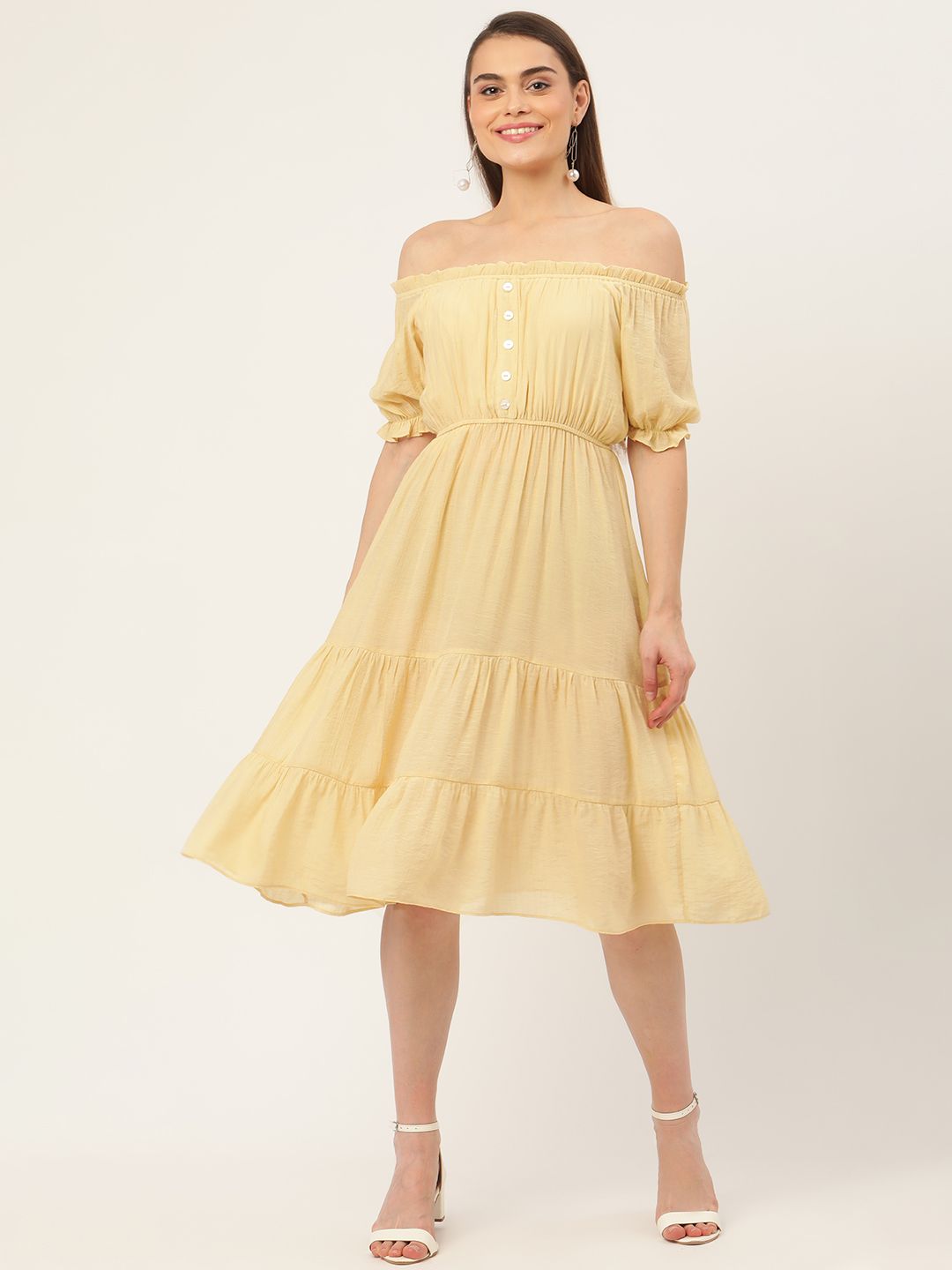 Madame Women Yellow Off-Shoulder A-Line Dress Price in India