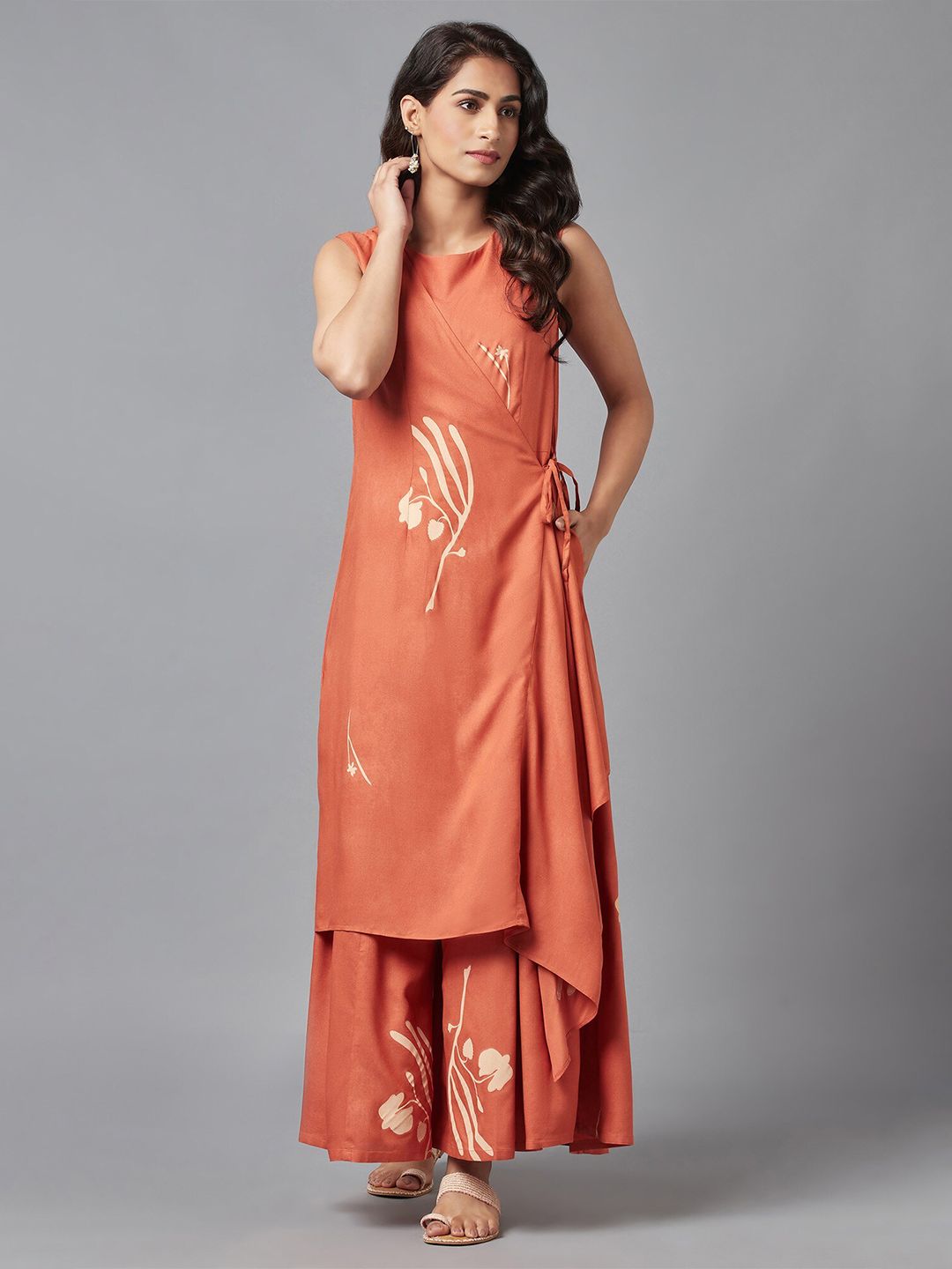 W Orange & White Printed Angrakha Ethnic Jumpsuit Price in India