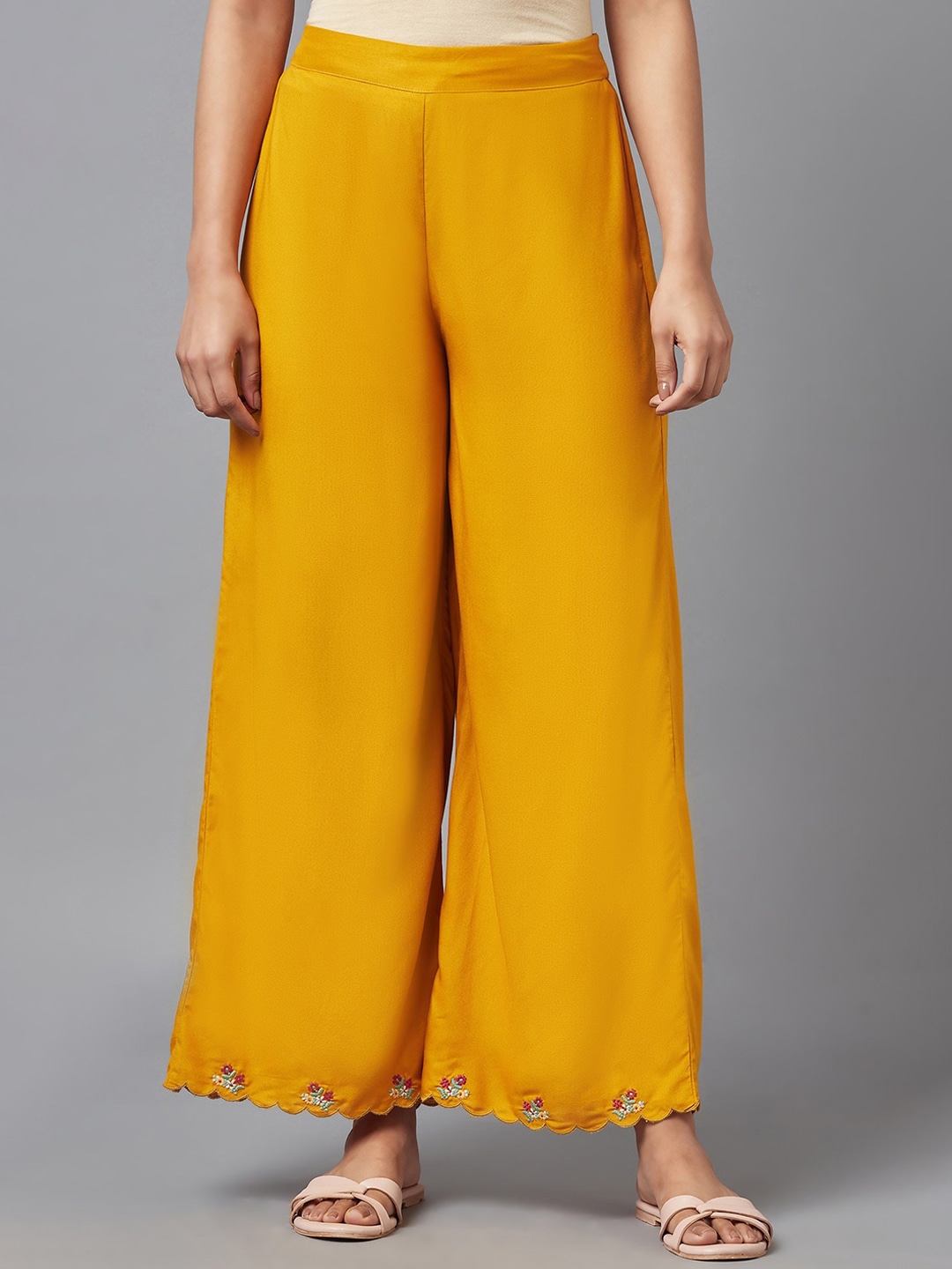 W Women Yellow Solid Regular Fit Trousers With Embroidered Detail Price in India