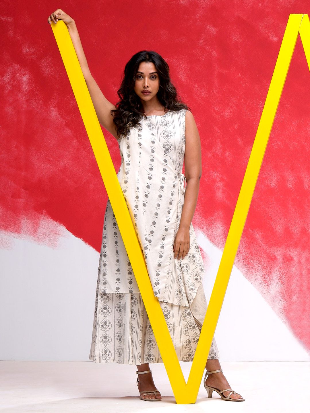 W Off-White & Grey Ethnic Motifs Printed Layered Basic Jumpsuit Price in India