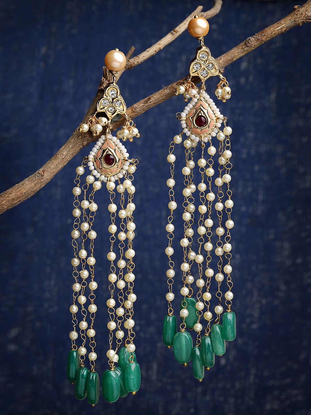 DUGRISTYLE Green & Gold-Tone & Plated Kundan Studded Classic Drop Earrings Price in India