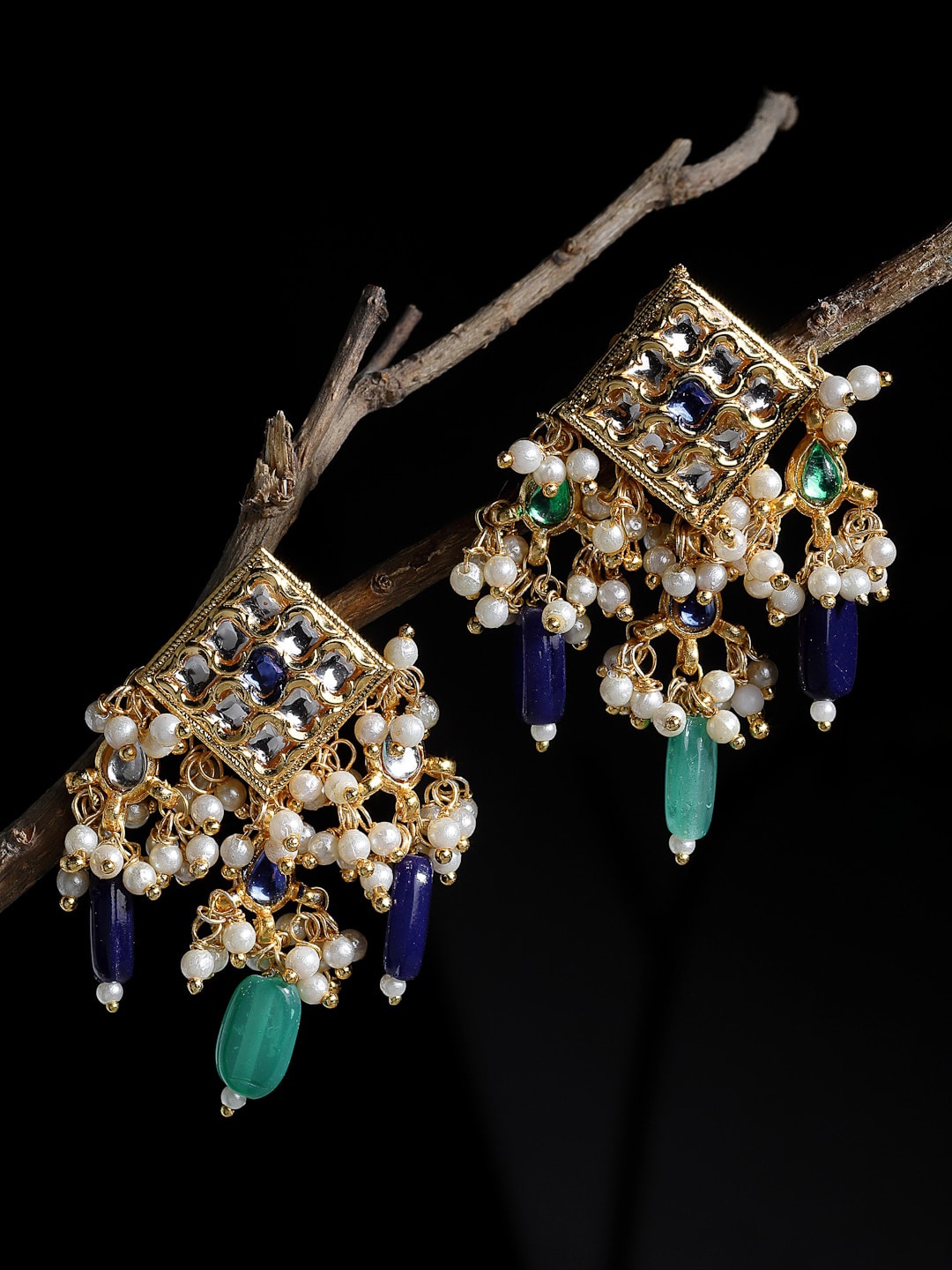 DUGRISTYLE Gold-Plated & Blue Kundan & Pearls Classic Studs Earrings Price in India