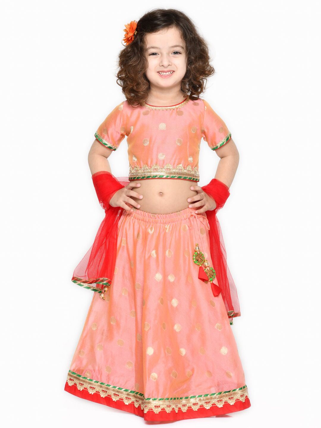 SAKA DESIGNS Girls Peach-Coloured & Red Ready to Wear Lehenga Choli With Dupatta