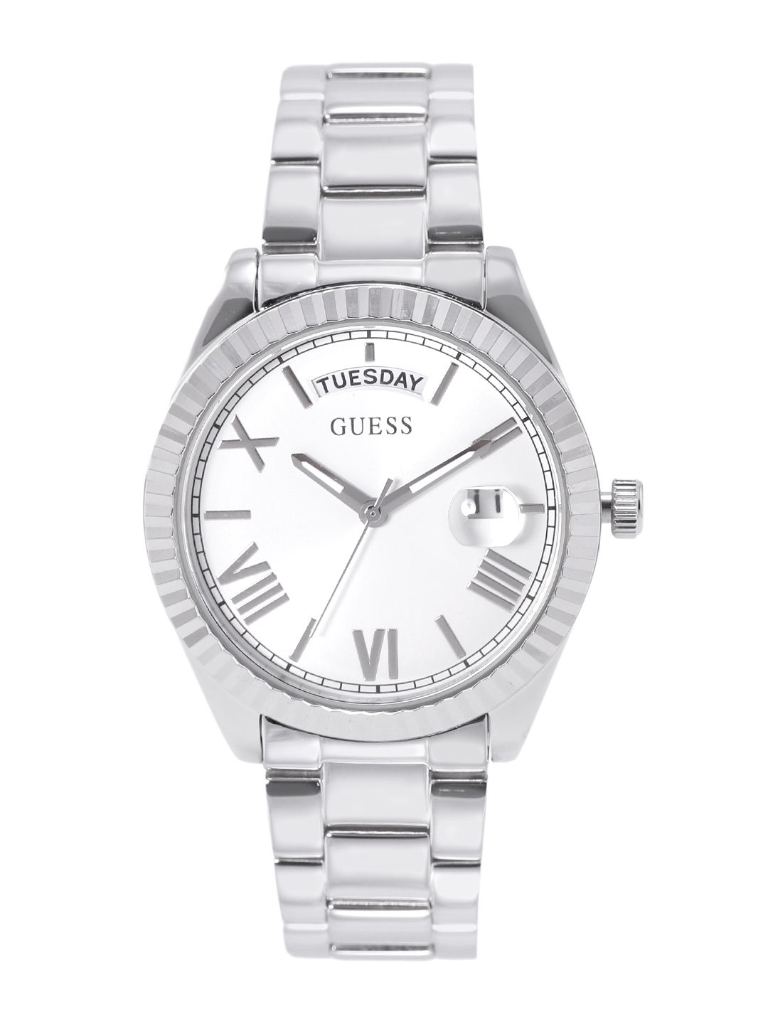GUESS Women Silver-Toned Dial & Stainless Steel Bracelet Straps Analogue Watch GW0308L1 Price in India