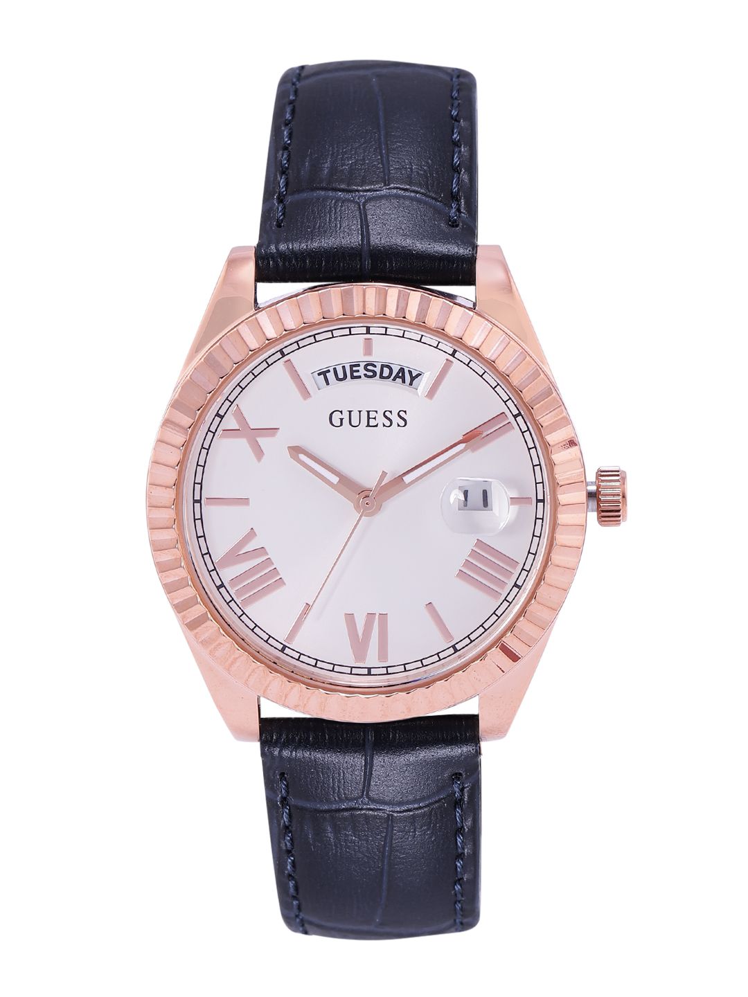 GUESS Women White Dial & Blue Leather Textured Straps Analogue Watch GW0357L3 Price in India