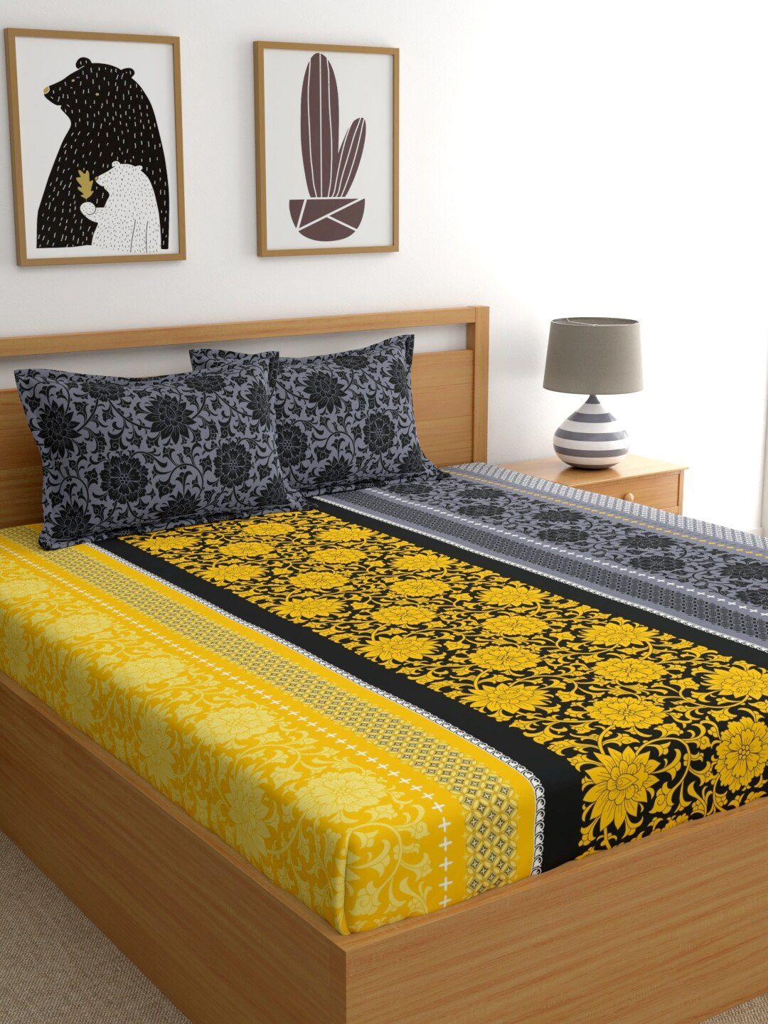 Dreamscape Grey & Yellow 144 TC Queen Floral Bedsheet with 2 Pillow Covers Price in India