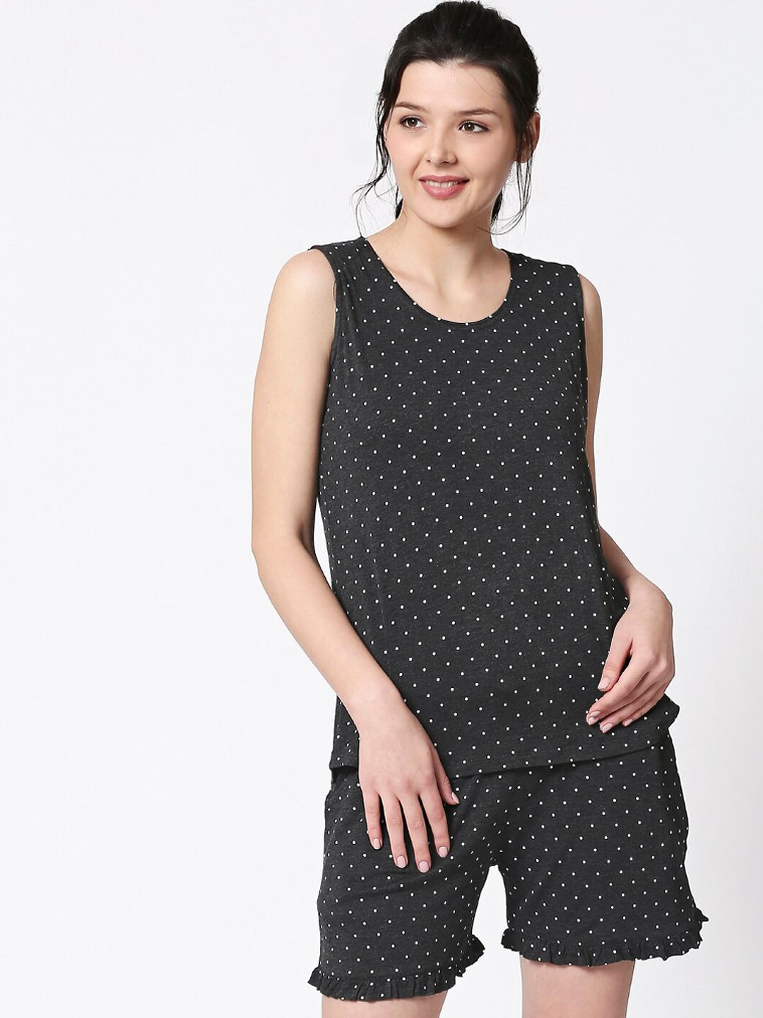 I like me Women Charcoal Black & White Polka Dot Printed Pure Cotton Night Suit Price in India