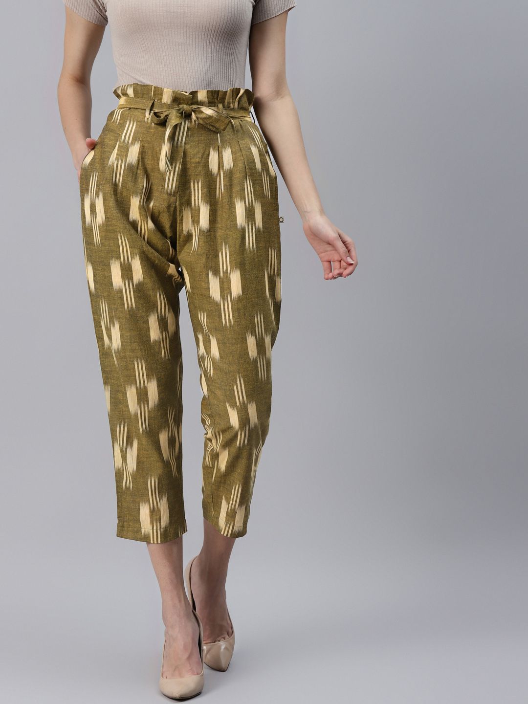 FABNEST Women Mustard Yellow Printed Relaxed High-Rise Pleated Pure Cotton Peg Trousers Price in India