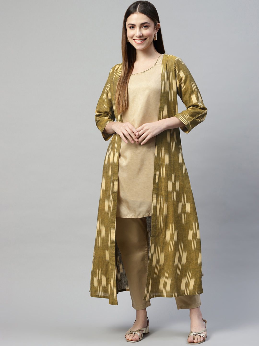 FABNEST Women Olive Green Printed Longline Shrug Price in India