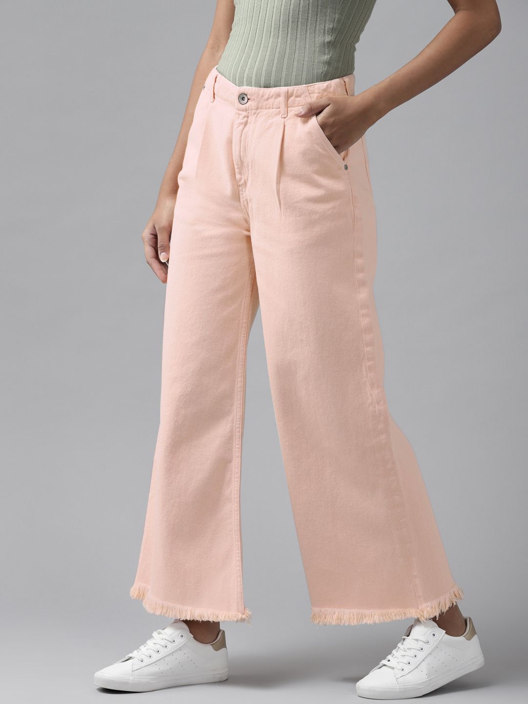 Roadster Women Pink Pure Cotton Wide Leg High-Rise Jeans Price in India