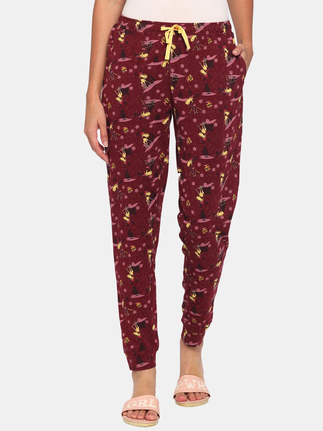 Zivame Women Maroon & Yellow Reindeer Print Knitted Cotton Lounge Joggers Price in India