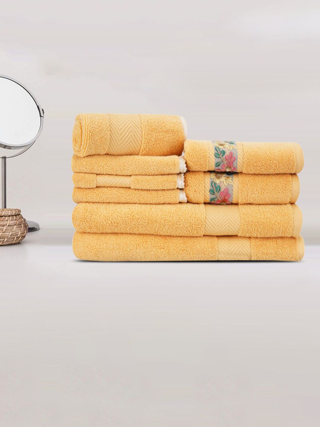 LUSH & BEYOND Set Of 8 Yellow Self-Design 500 GSM Pure Cotton Towels Set Price in India