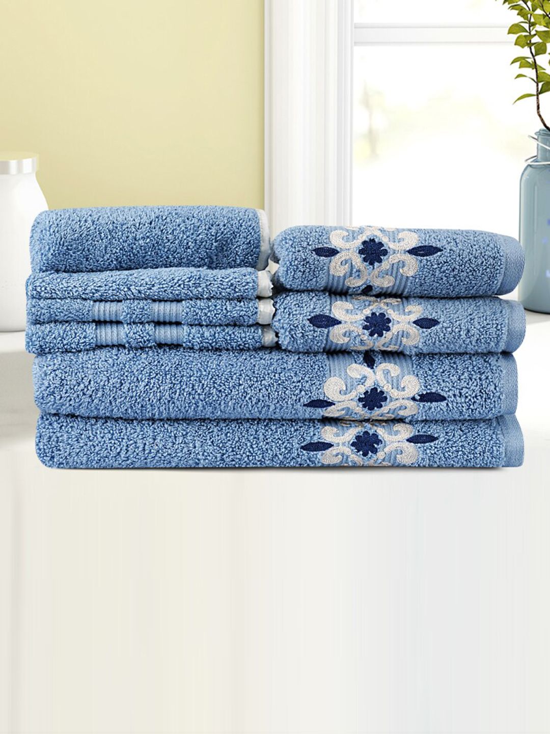 LUSH & BEYOND Set Of 6 Blue Self Design 500 GSM Pure Cotton Towel Set Price in India