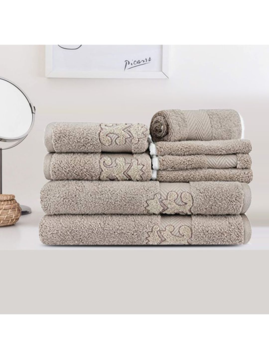 LUSH & BEYOND Set Of 8 Beige 500 GSM Self Design Hand & Bath Towels Price in India