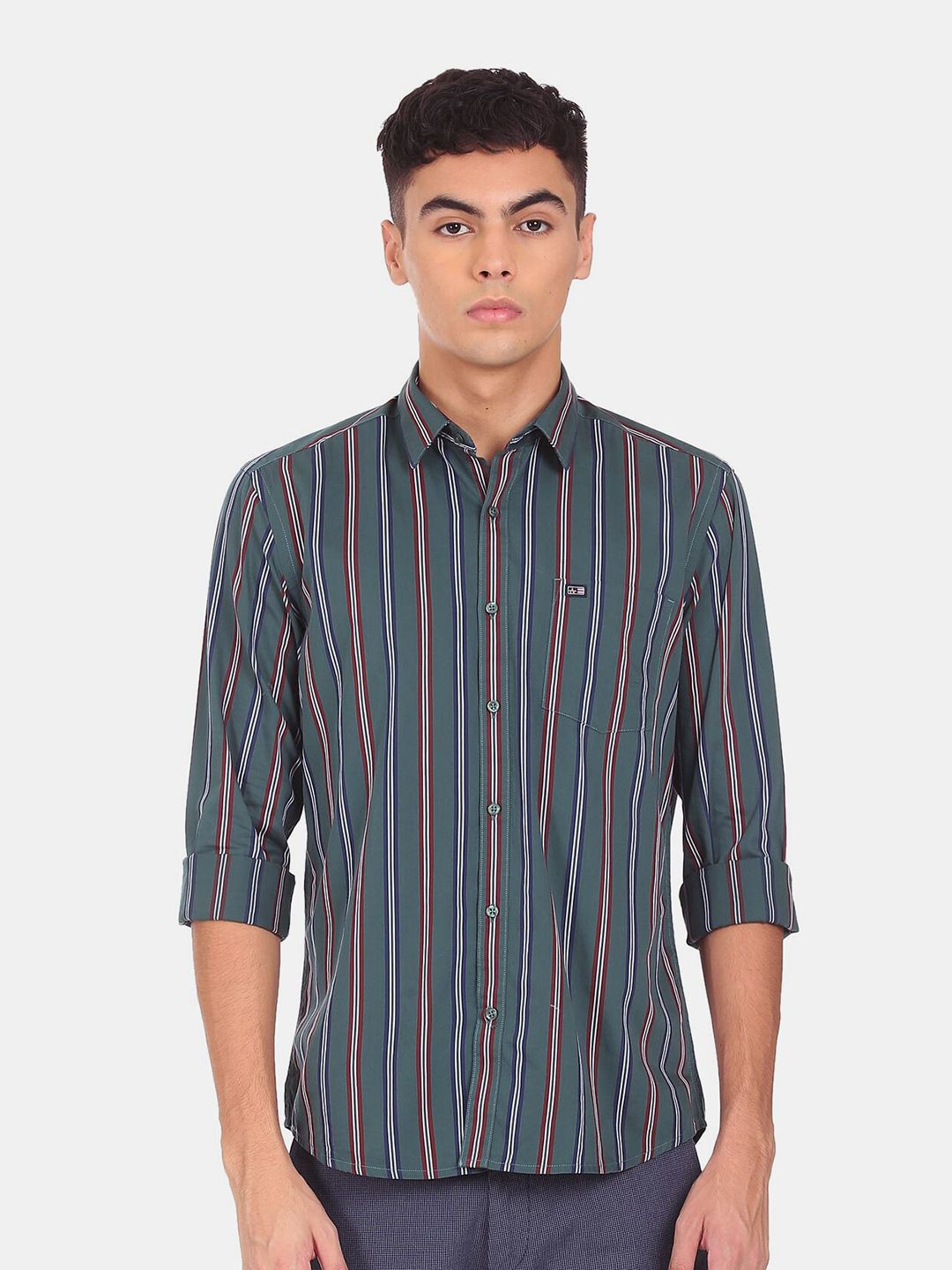 Arrow Men Green Striped Pure Cotton Casual Shirt
