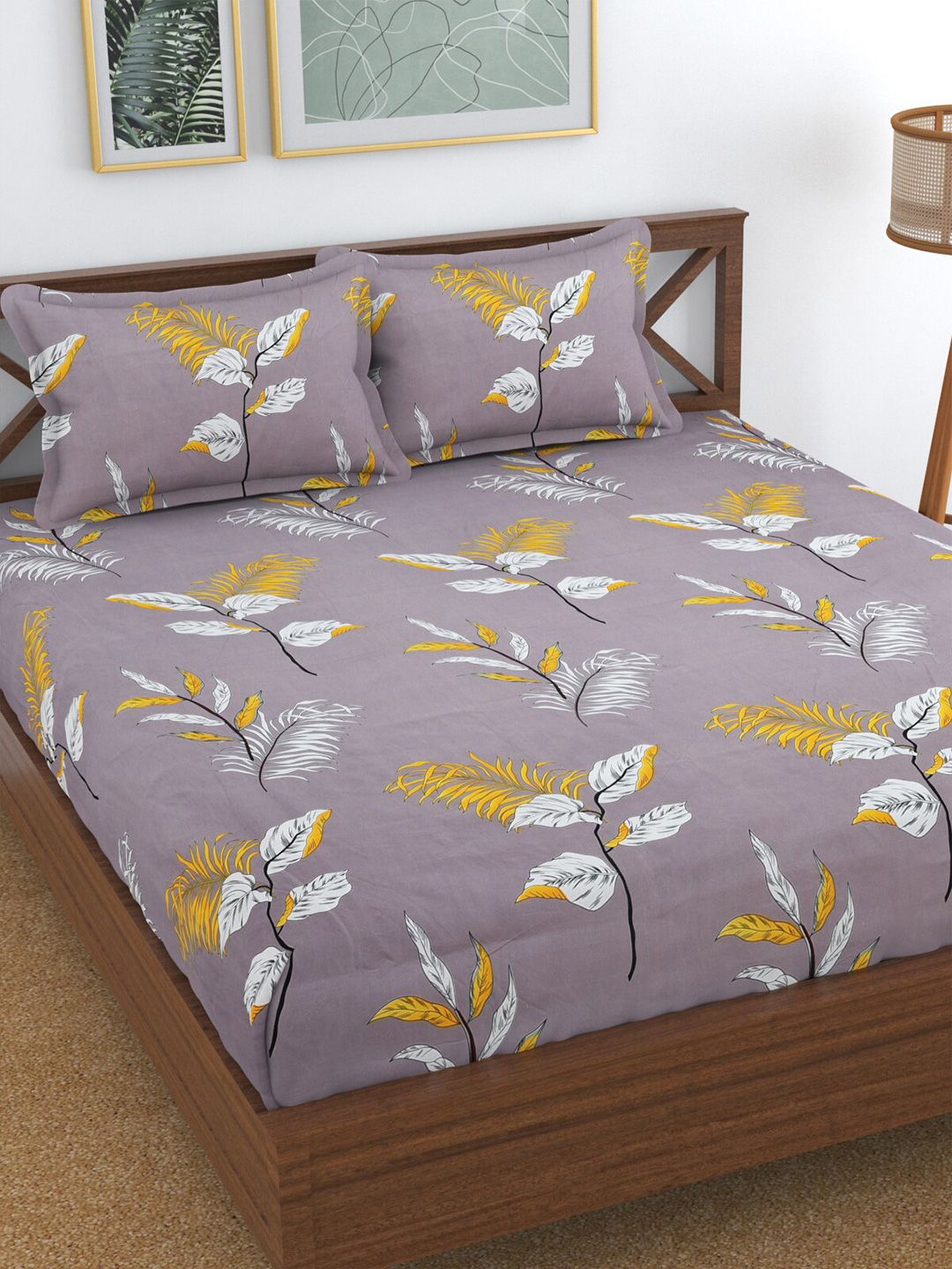 Florida Grey & Yellow Floral 144 TC Queen Bedsheet with 2 Pillow Covers Price in India