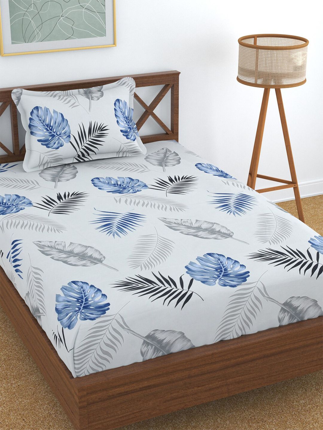 Florida White & Blue Floral 144 TC Single Bedsheet with 1 Pillow Covers Price in India