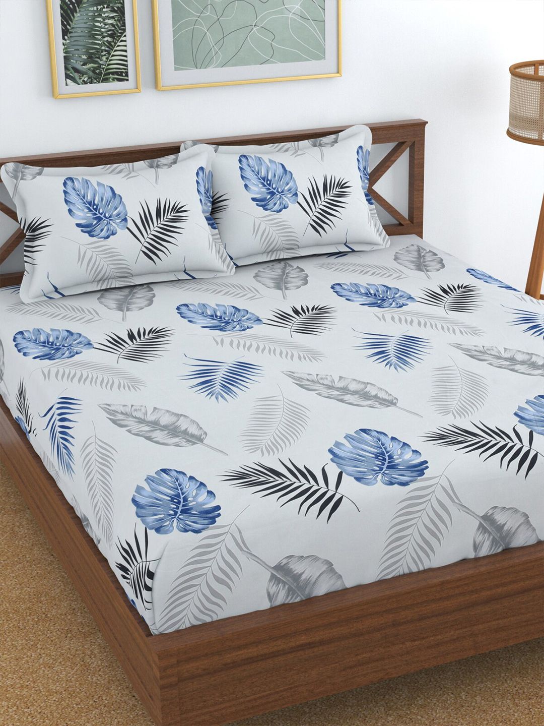 Florida White & Blue Floral 144 TC Queen Bedsheet with 2 Pillow Covers Price in India