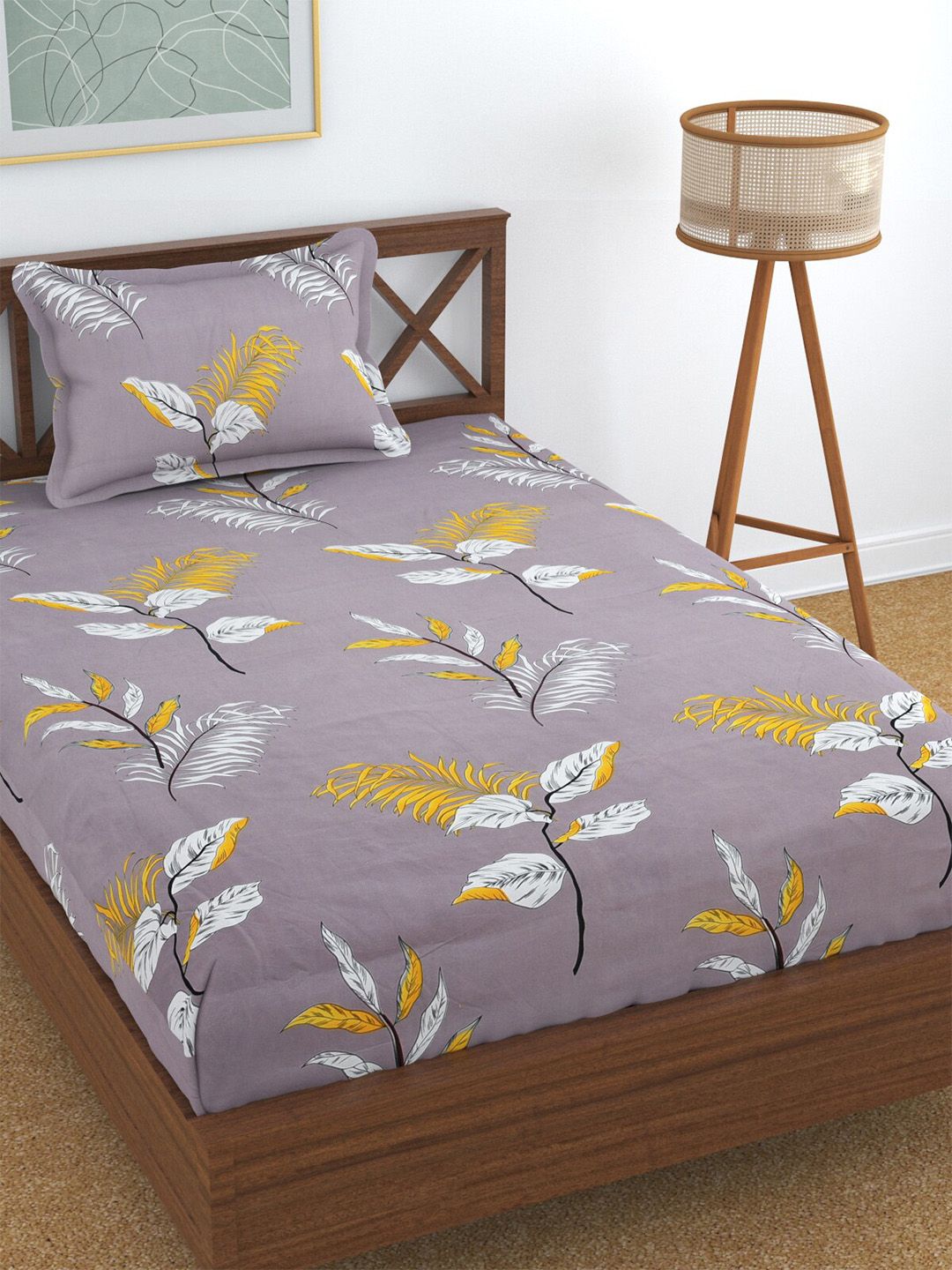 Florida Grey & White Floral Printed 144 TC Single Bedsheet With 1 Pillow Covers Price in India