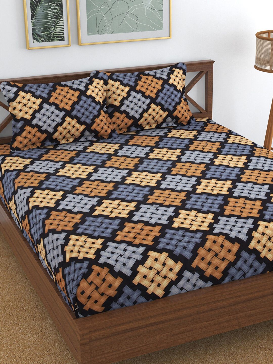 Florida Blue & Brown Geometric 144 TC King Bedsheet with 2 Pillow Covers Price in India