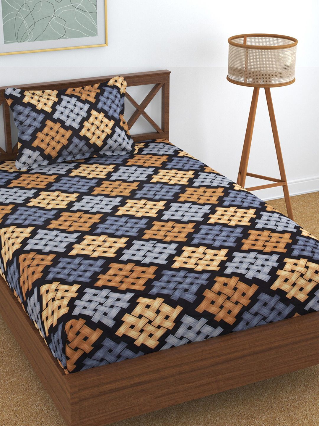 Florida Multi Color Geometric 144 TC Single Bedsheet with 1 Pillow Cover Price in India
