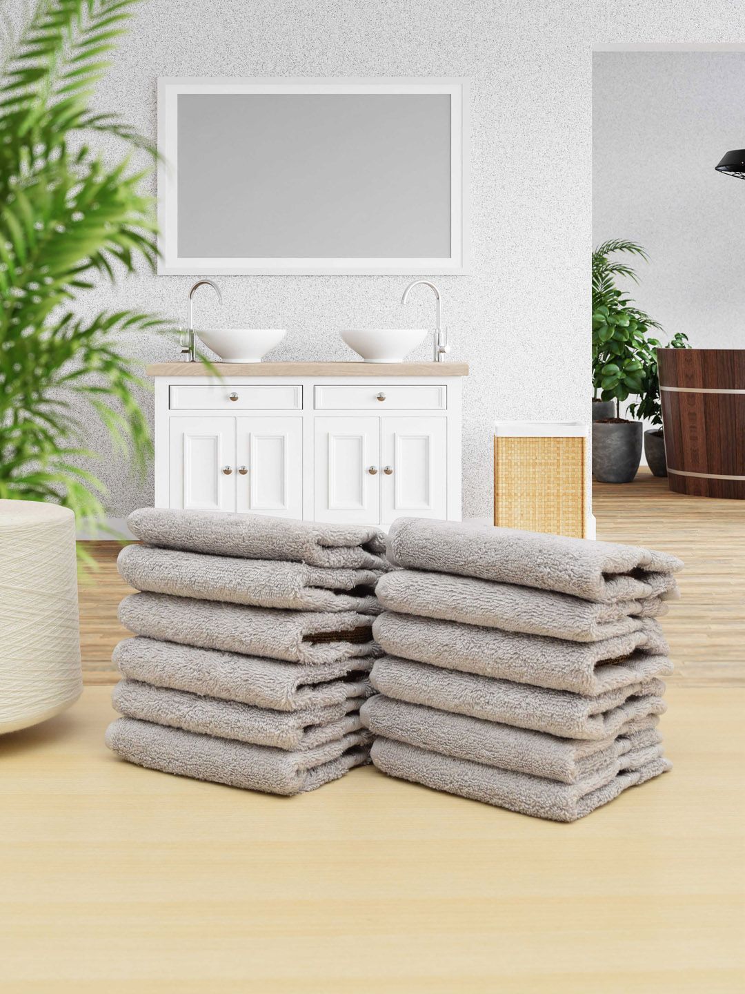 RANGOLI Set of 12 Grey Solid Cotton 650 GSM Face Towel Price in India
