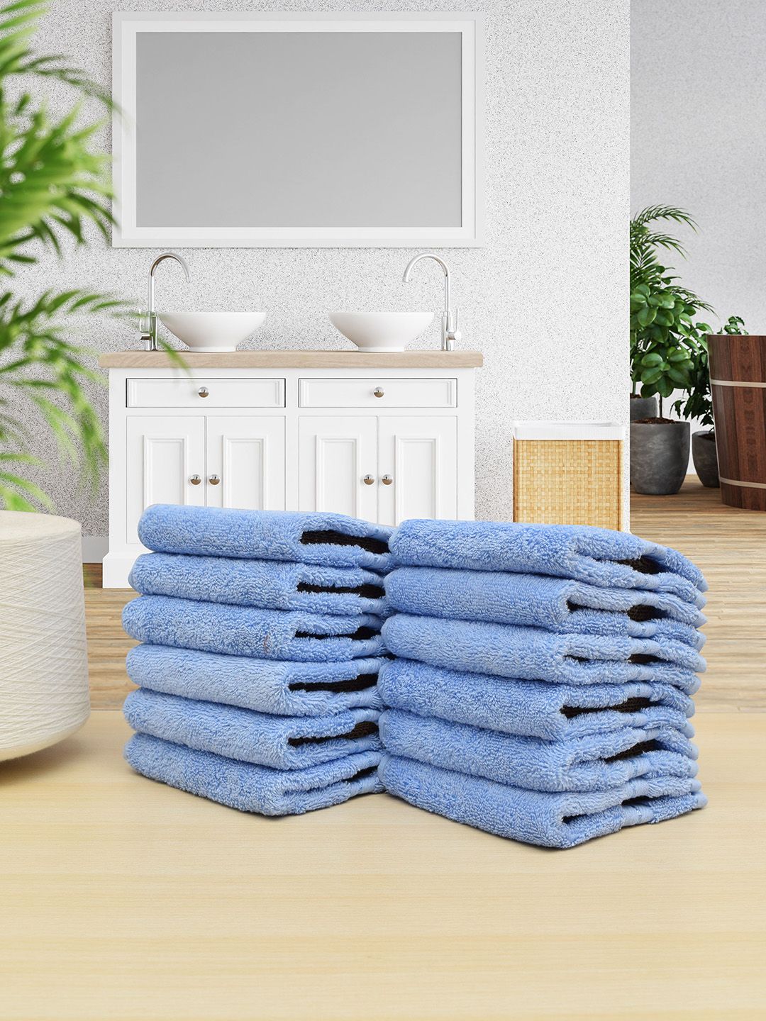 RANGOLI Set Of 12 Blue Solid 620 GSM Extra Soft Pure Cotton Face Towels Price in India