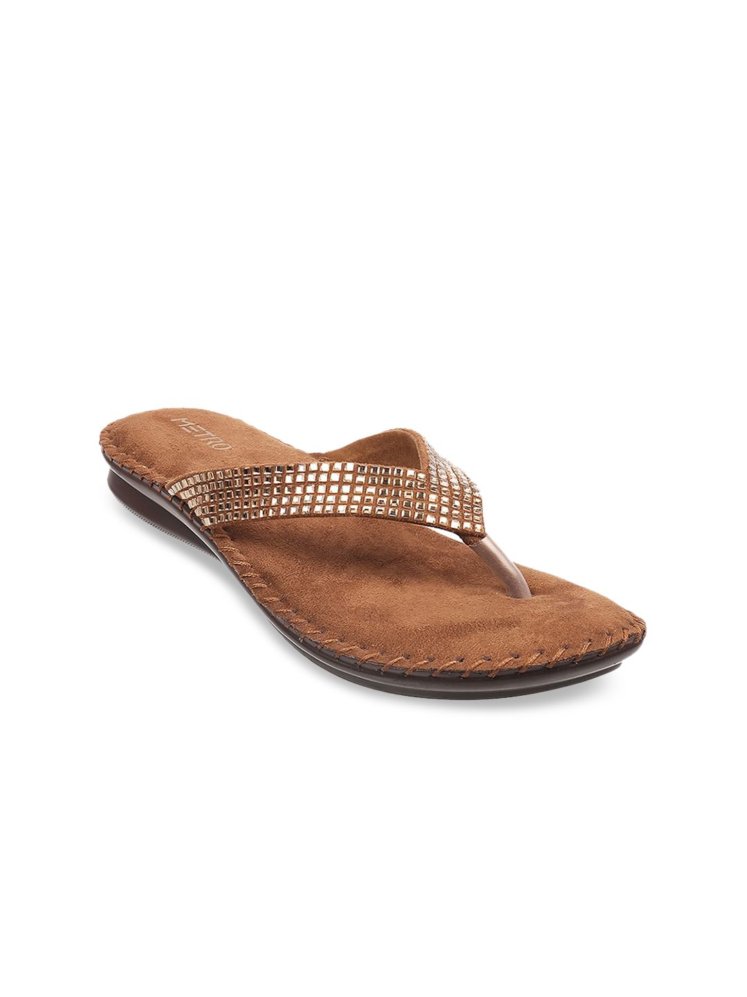 Metro Women Gold-Toned & Tan Brown Embellished Open Toe Flats Price in India