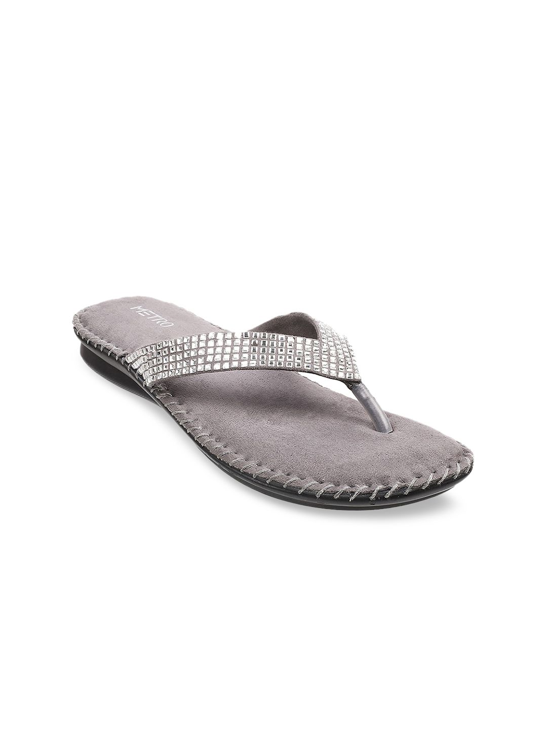 Metro Women Grey Embellished T-Strap Flats Price in India