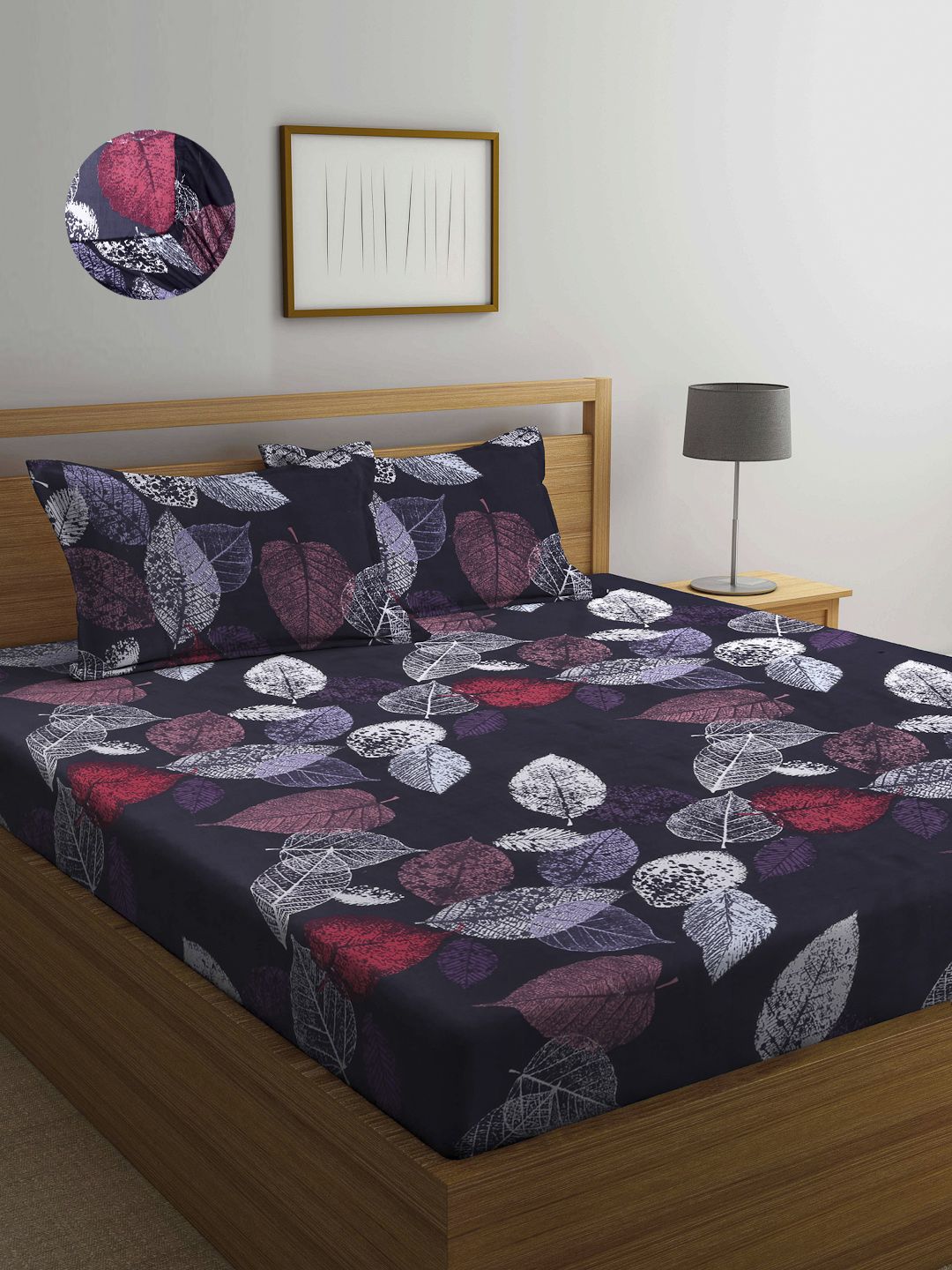 Arrabi Black Floral 300 TC King Size Fitted Bedsheet With 2 Pillow Covers Price in India