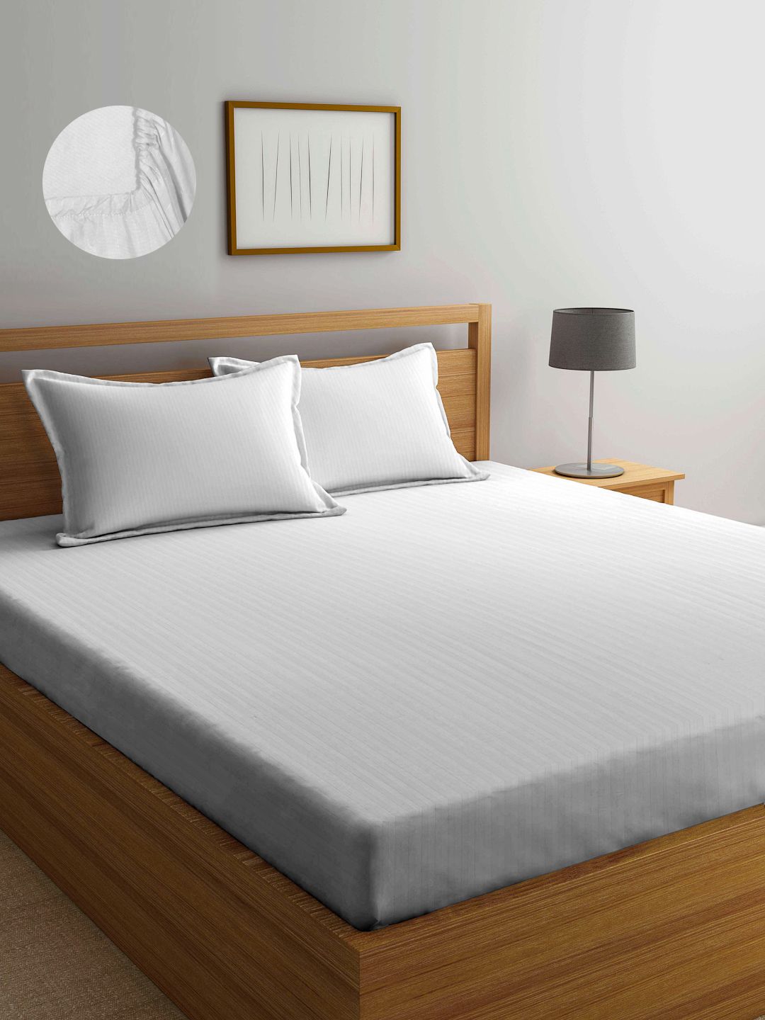Arrabi White Stripes 300 TC Cotton Blend Double Size Fitted Bedsheet with 2 Pillow Covers Price in India