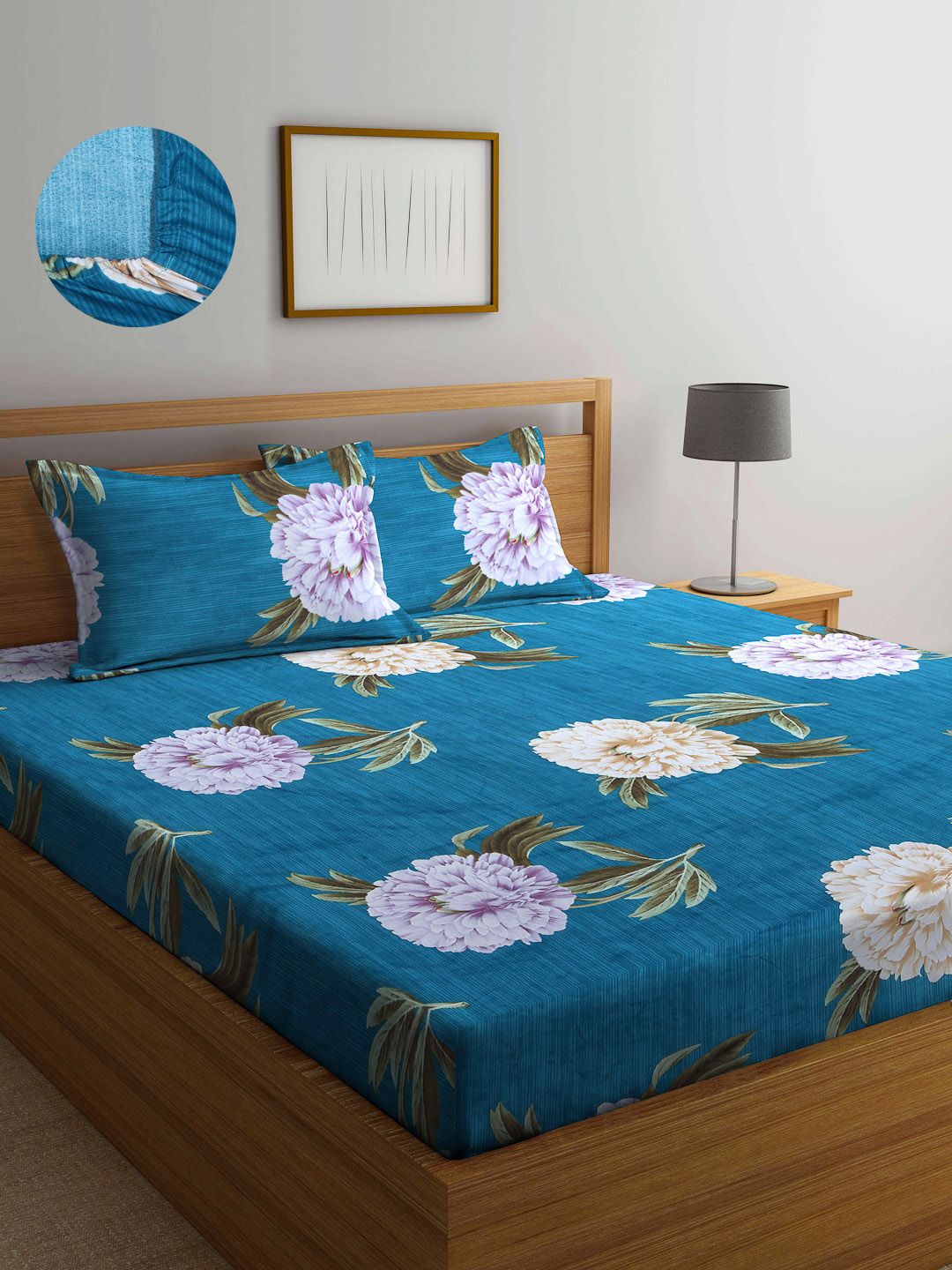 Arrabi Teal Floral 300 TC Cotton Blend Double Size Fitted Bedsheet with 2 Pillow Covers Price in India