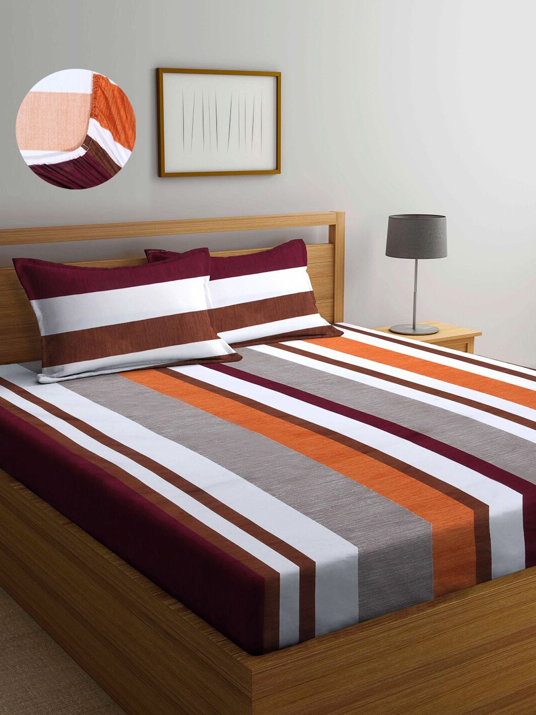 Arrabi Multi Stripes 300 TC Cotton Blend Double Size Fitted Bedsheet with 2 Pillow Covers Price in India