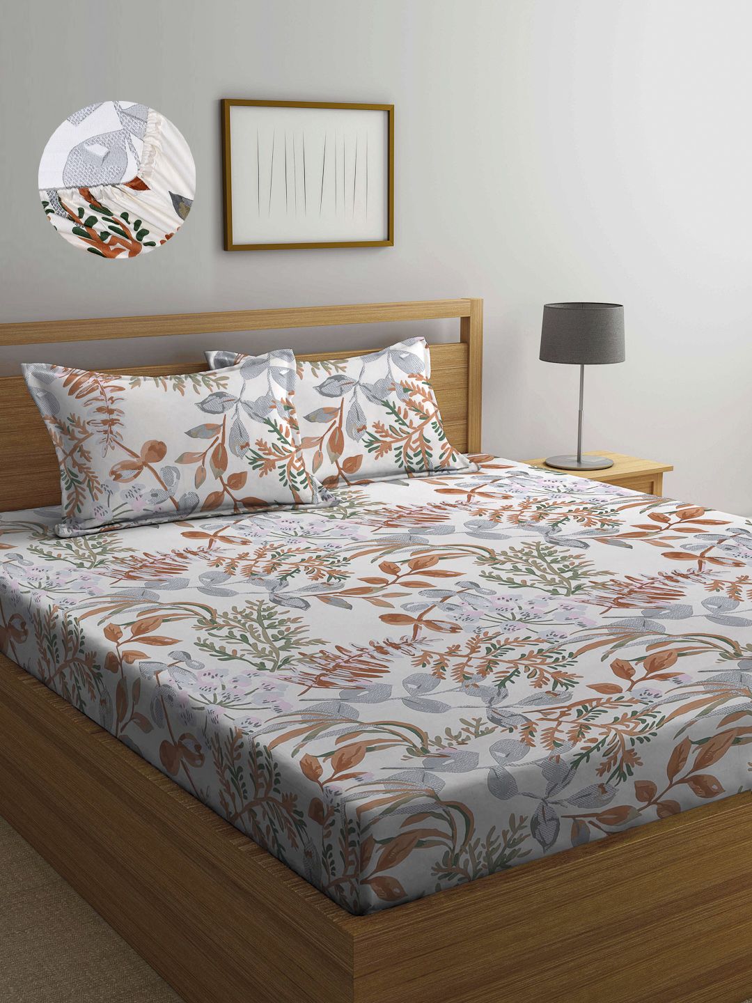Arrabi Multicoloured 300 TC Cotton Blend Double Size Fitted Bedsheet with 2 Pillow Covers Price in India