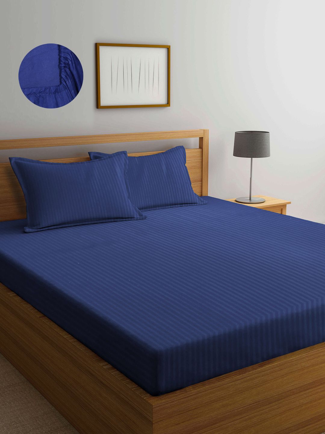 Arrabi Blue Stripes 300 TC Cotton Blend Double Size Fitted Bedsheet with 2 Pillow Covers Price in India