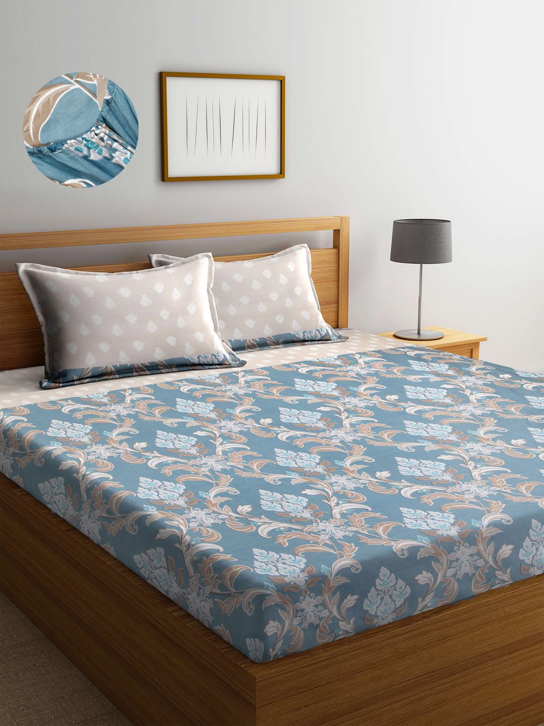 Arrabi Blue & Beige 300 TC Double King Size Fitted Bedsheet with 2 Pillow Covers Price in India