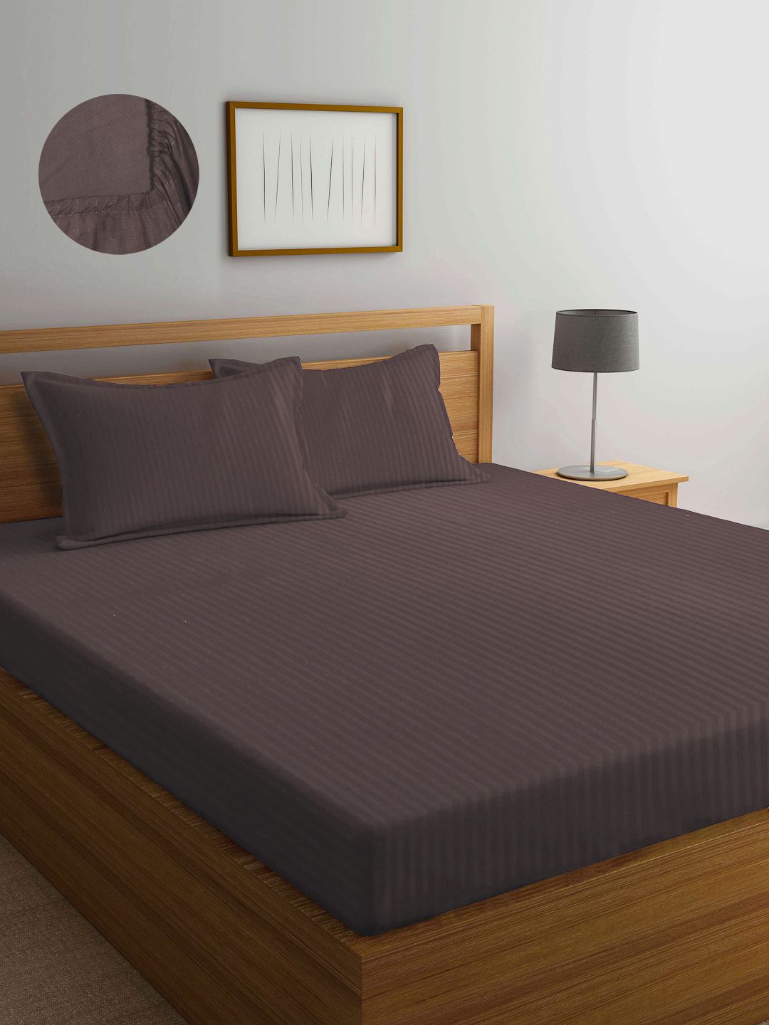 Arrabi Brown Striped 300 TC King Size Fitted Bedsheet With 2 Pillow Covers Price in India