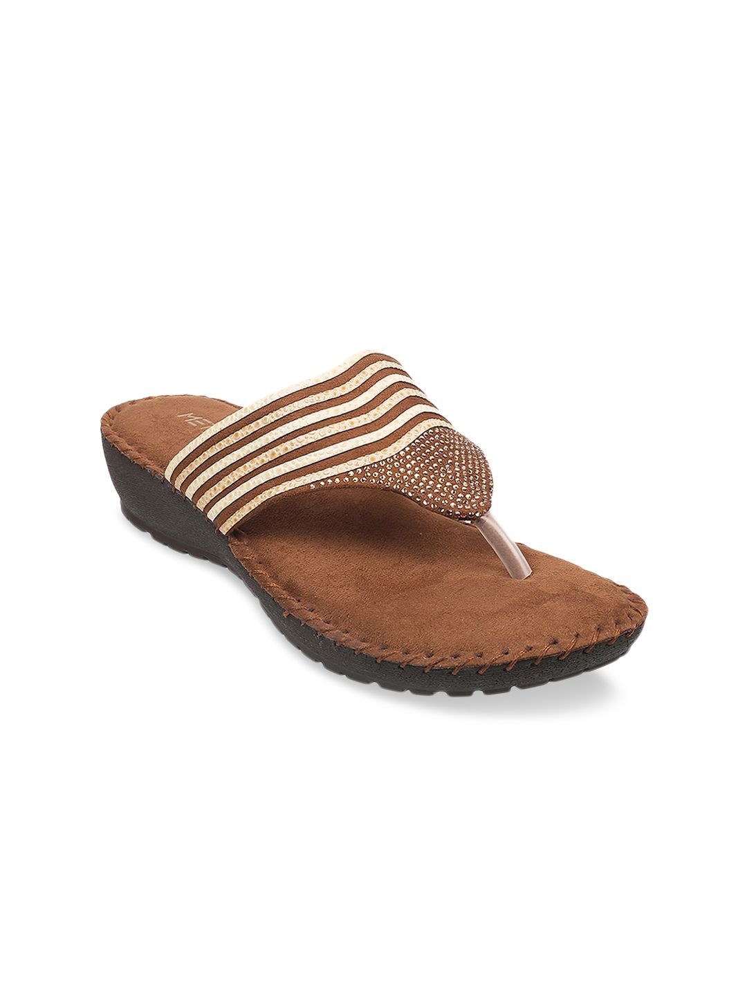 Metro Women Brown Embellished T-Strap Flats Price in India