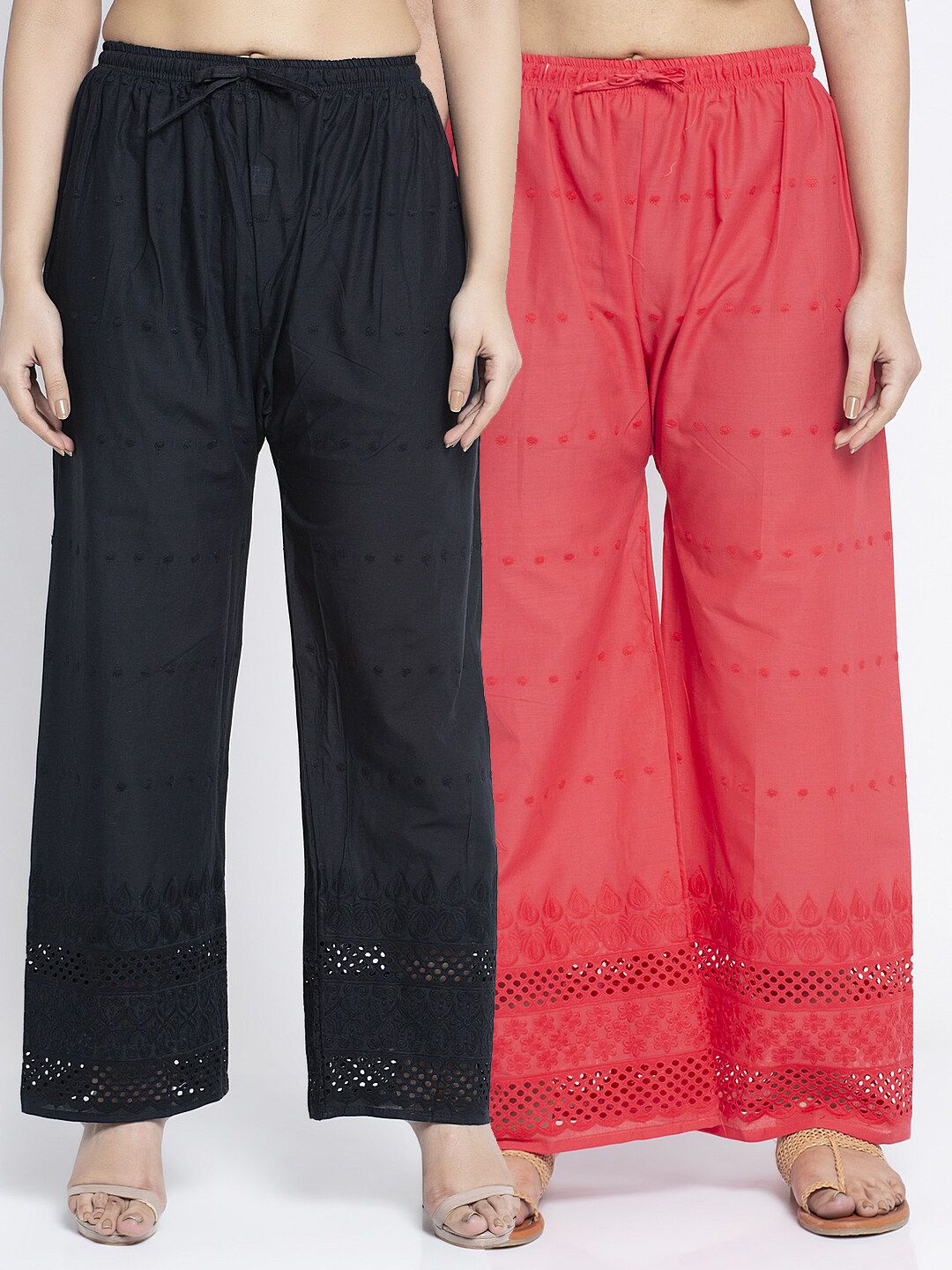 Jinfo Women Black & Coral 2 Cotton Embroidered Flared Ethnic Palazzos Price in India