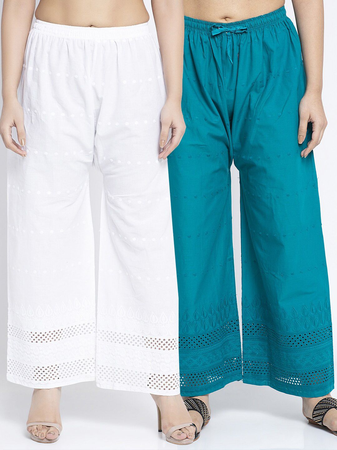 Jinfo Women White & Turquoise Blue Pack of 2 Embroidered Flared Ethnic Palazzos Price in India