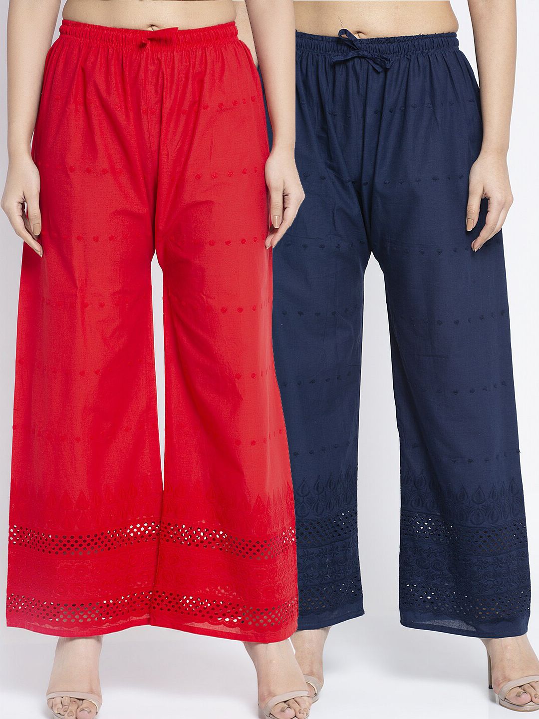 Jinfo Women Red & Navy Blue Set of 2 Flared Knitted Ethnic Palazzos Price in India