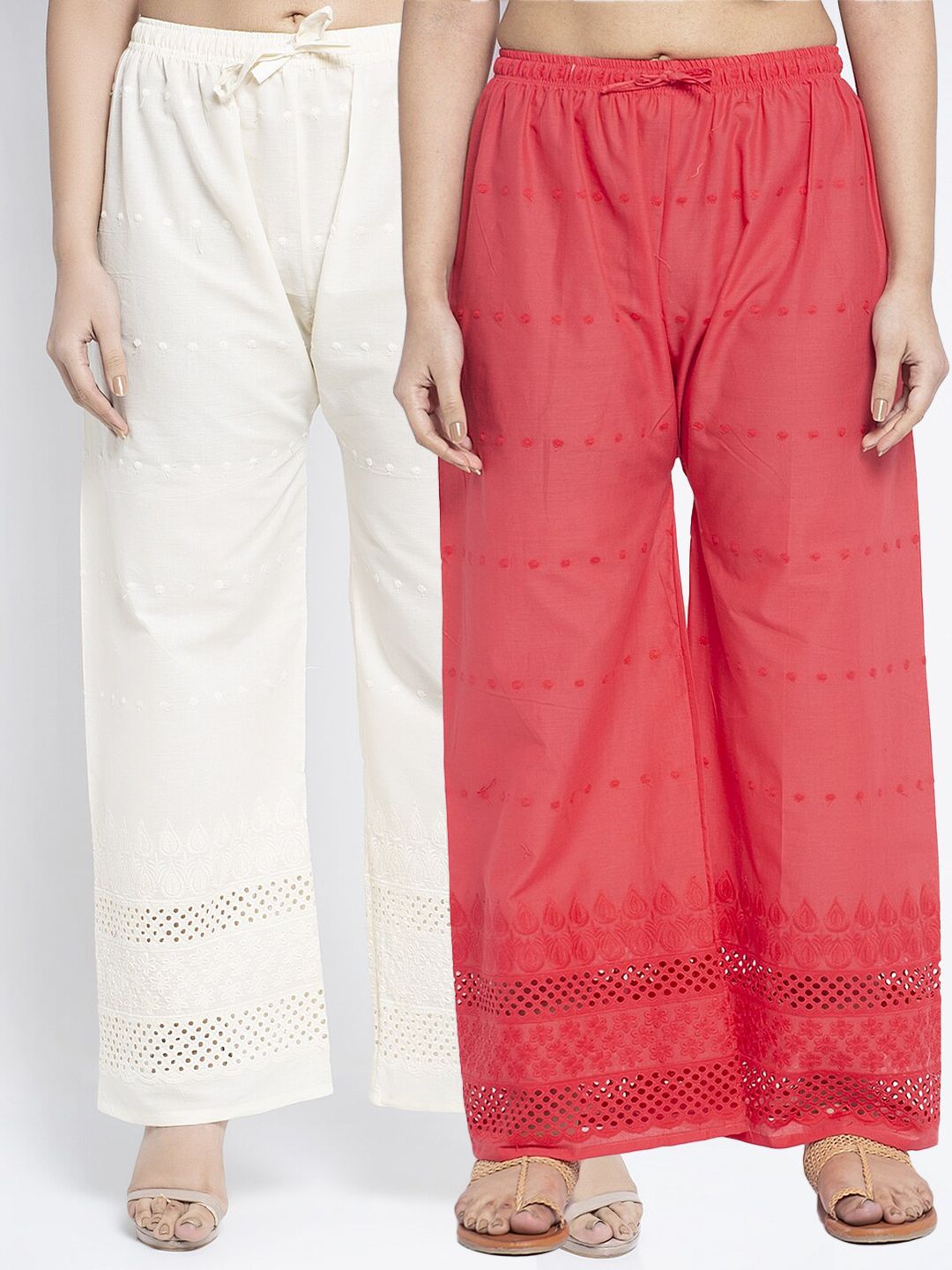 Jinfo Women White & Coral 2 Embroidered Cotton Flared Knitted Ethnic Palazzos Price in India