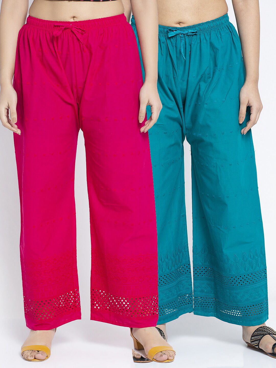 Jinfo Women Pack of 2 Pink & Turquoise Blue Embroidered Flared Palazzos Price in India