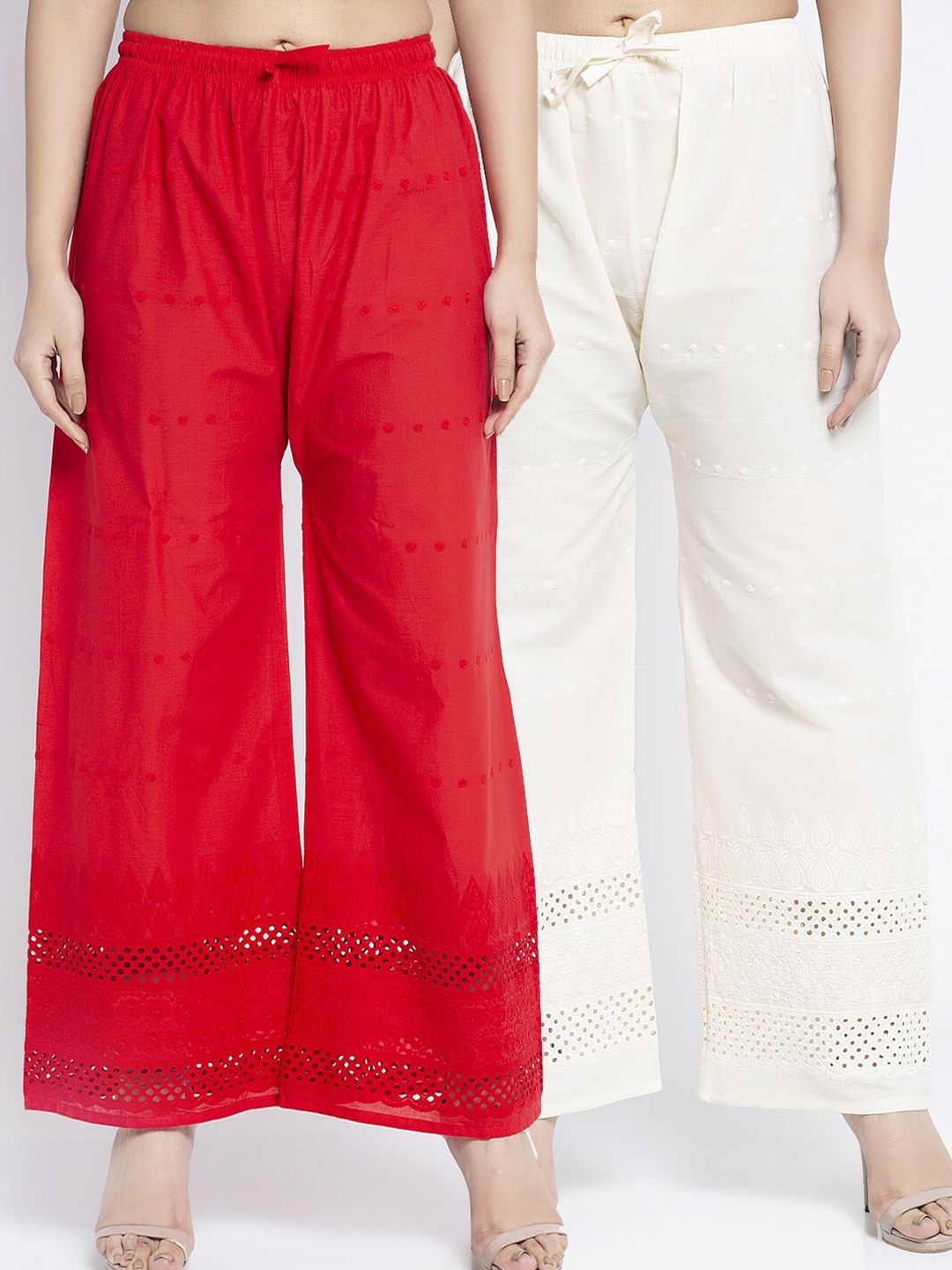 Jinfo Women Red & Off White Set of 2 Flared Ethnic Palazzos Price in India