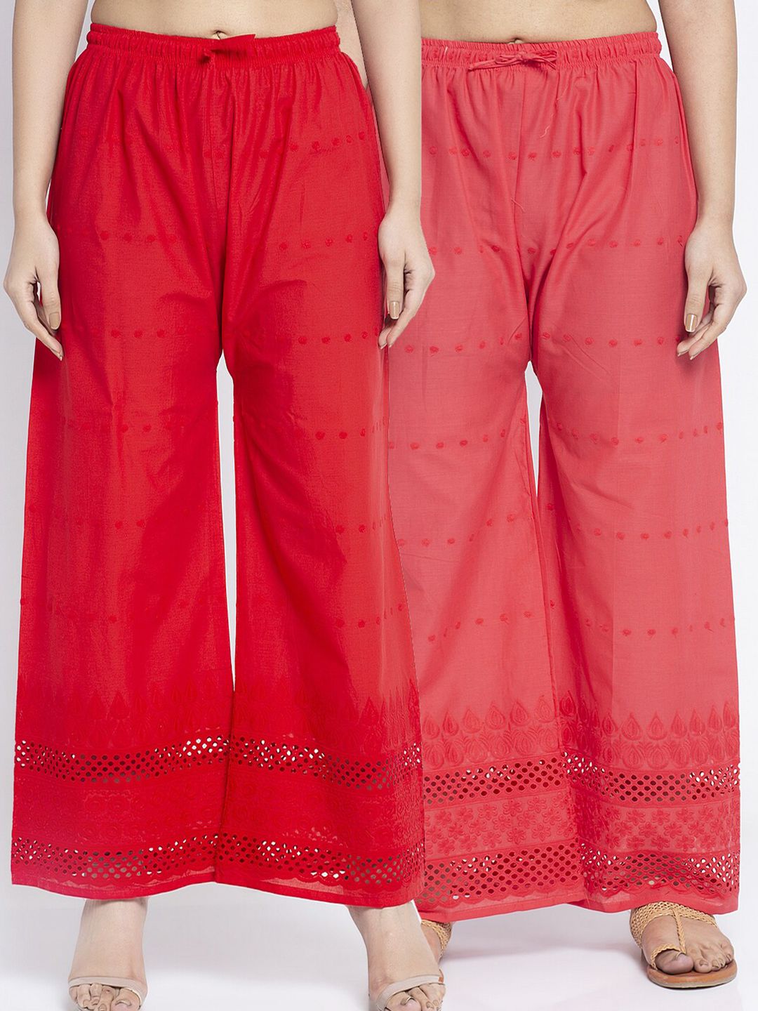 Jinfo Women Red & Pink Set Of 2 Ethnic Motifs Chikankari Embroidered Ethnic Palazzos Price in India