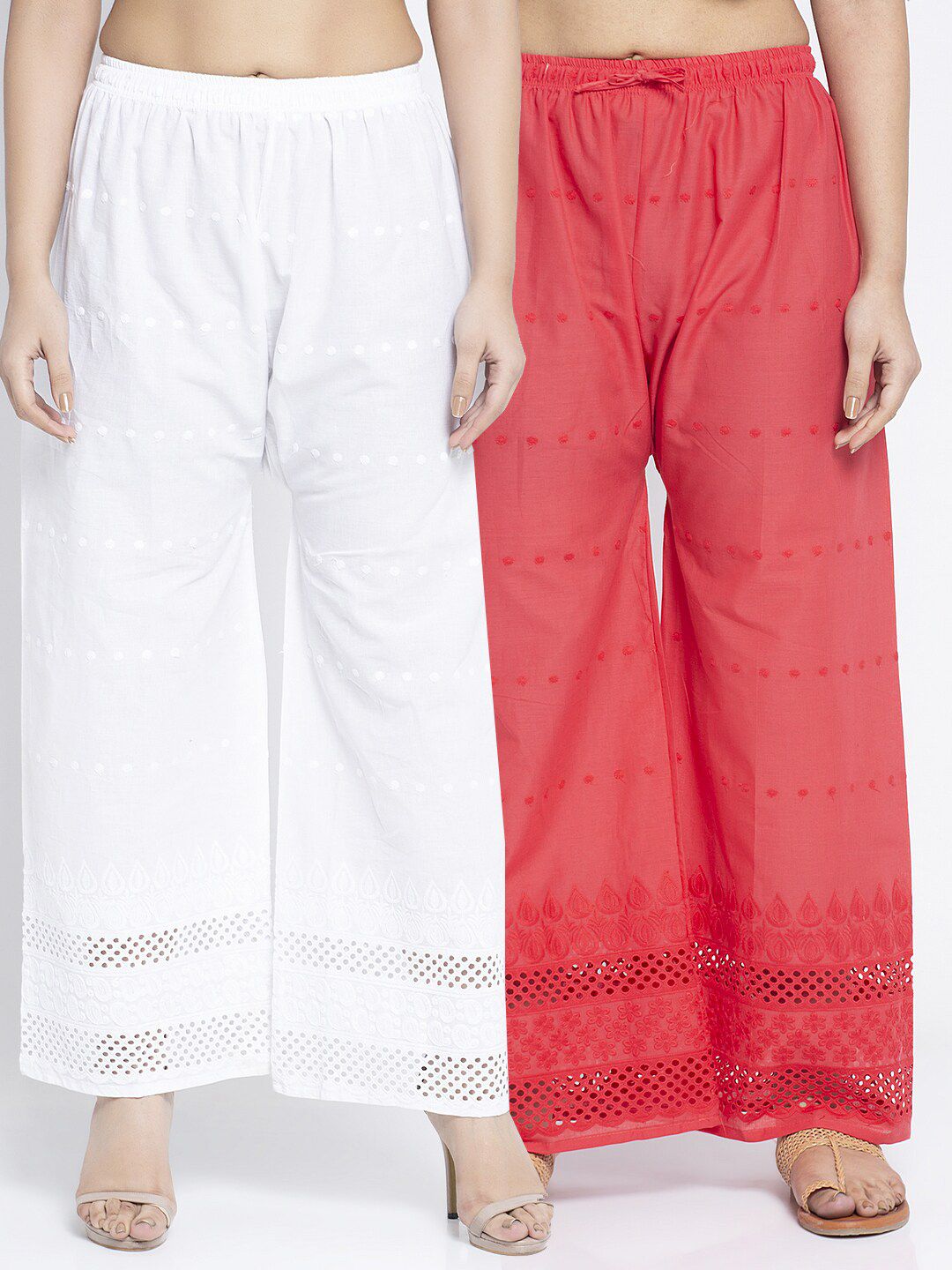 Jinfo Women Set Of 2 White & Peach-Coloured Embroidered Ethnic Palazzos Price in India