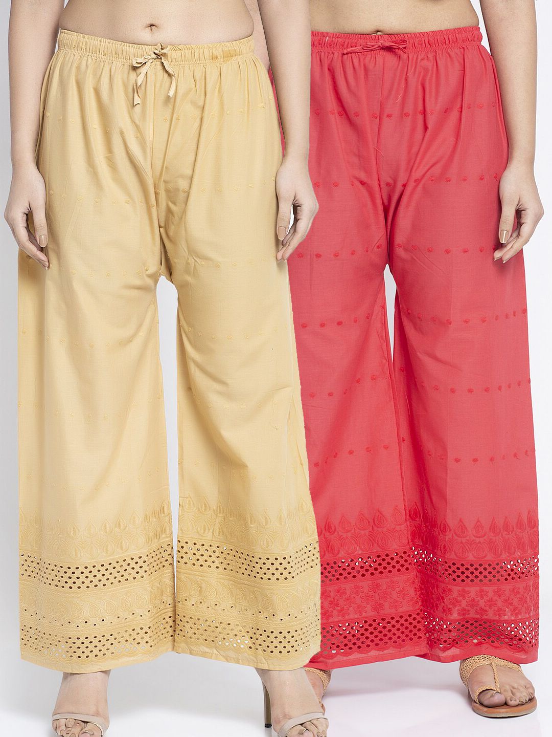 Jinfo Women Pack Of 2 Beige & Peach-Coloured Flared Cotton Ethnic Palazzos Price in India