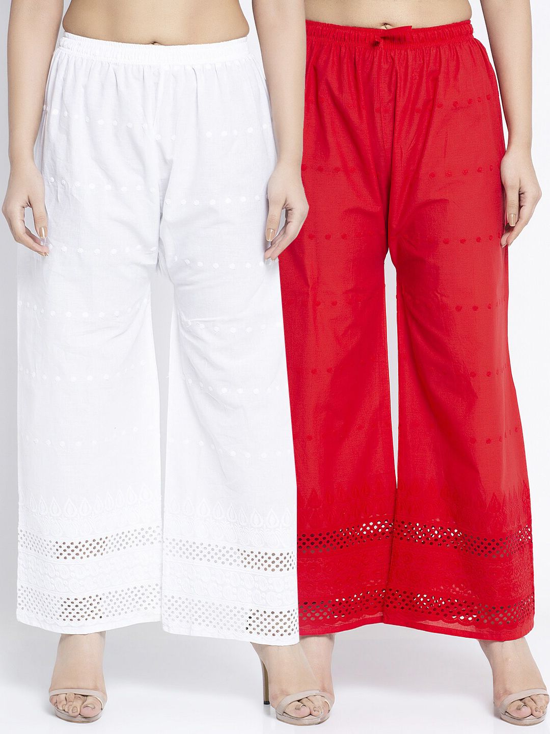 Jinfo Women White & Red 2 Embroidered Cotton Flared Knitted Ethnic Palazzos Price in India